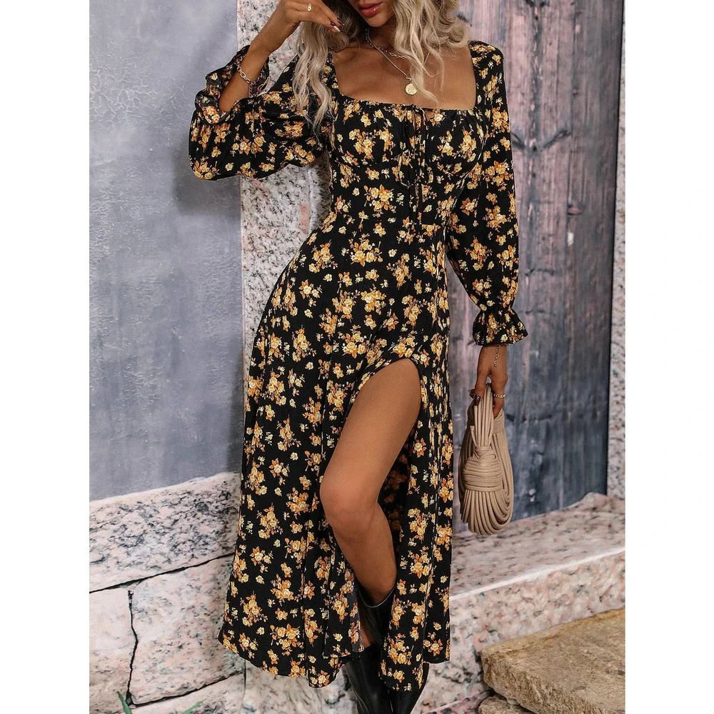 Blue white Floral Print Flounce long Sleeve Knotted Split Thigh midi Dress - Picture 4 of 11